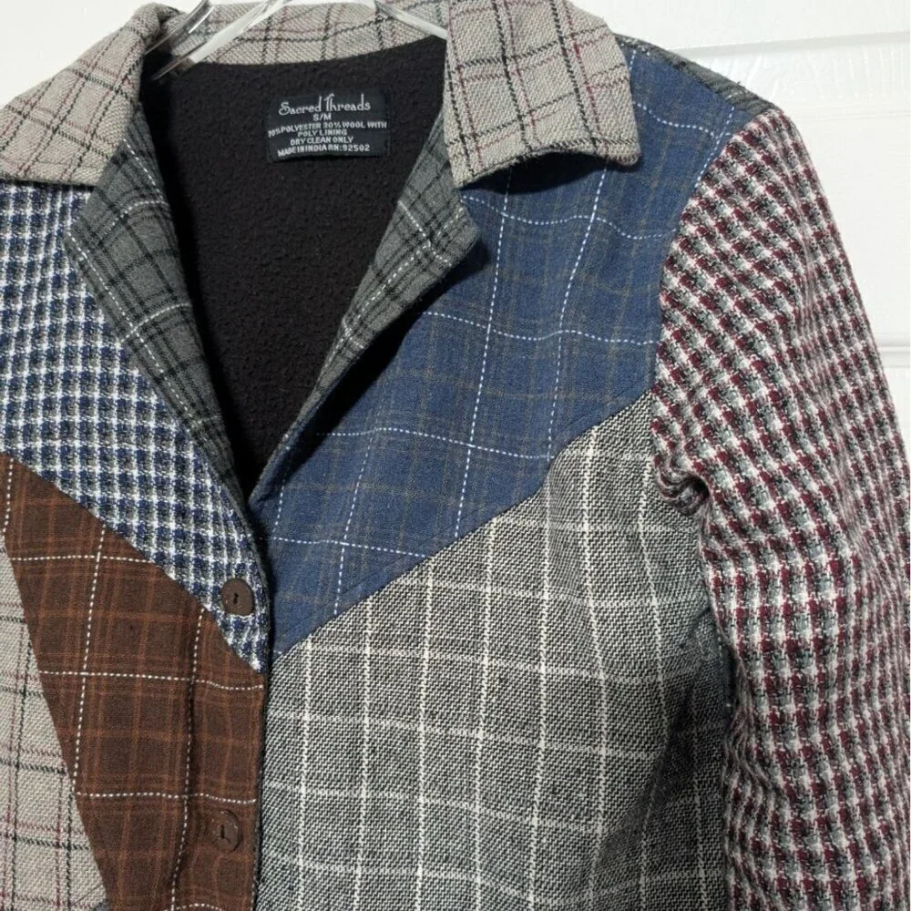 Sacred Threads Patchwork Plaid Jacket Womens Size Small/Medium Gray Fleece Lined